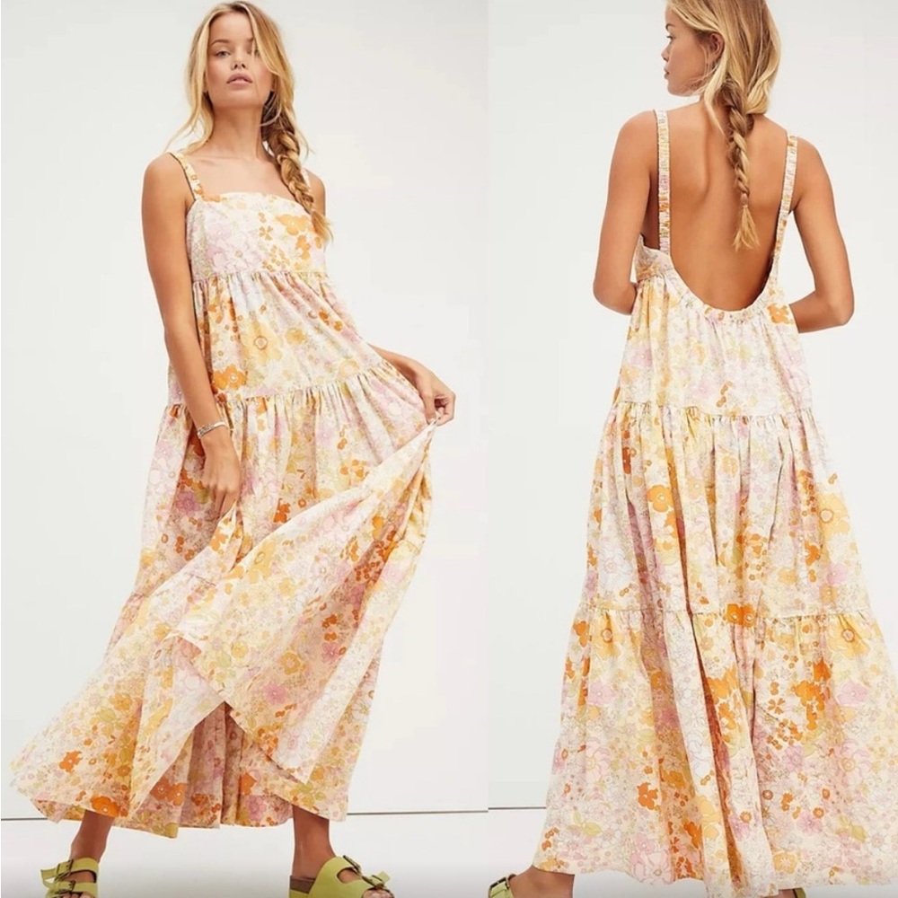 Free People Pink and Cream Tiered Backless Sundress
